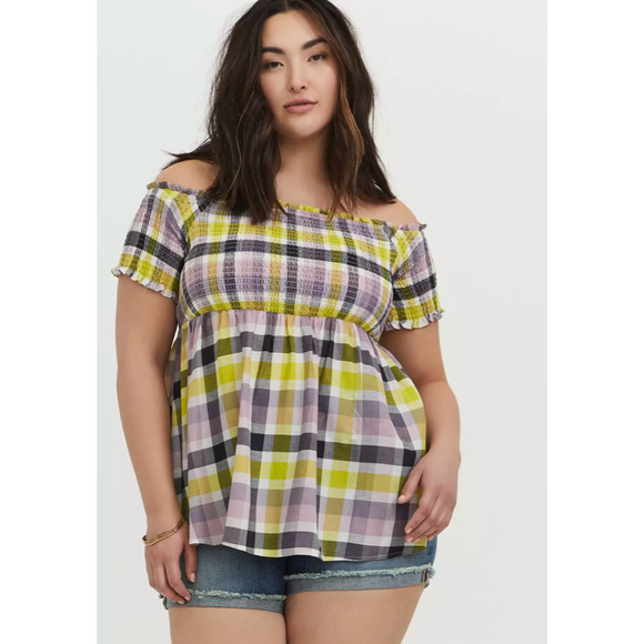Torrid Size 1 Peplum Gauze Smocked Off-Shoulder Top - Purple Yellow Plaid - Picture 1 of 9